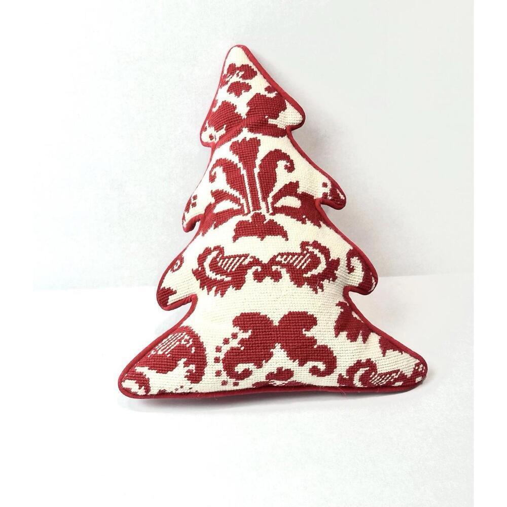 Unbranded Holiday Pillow Christmas Tree Embroidered Red and Cream